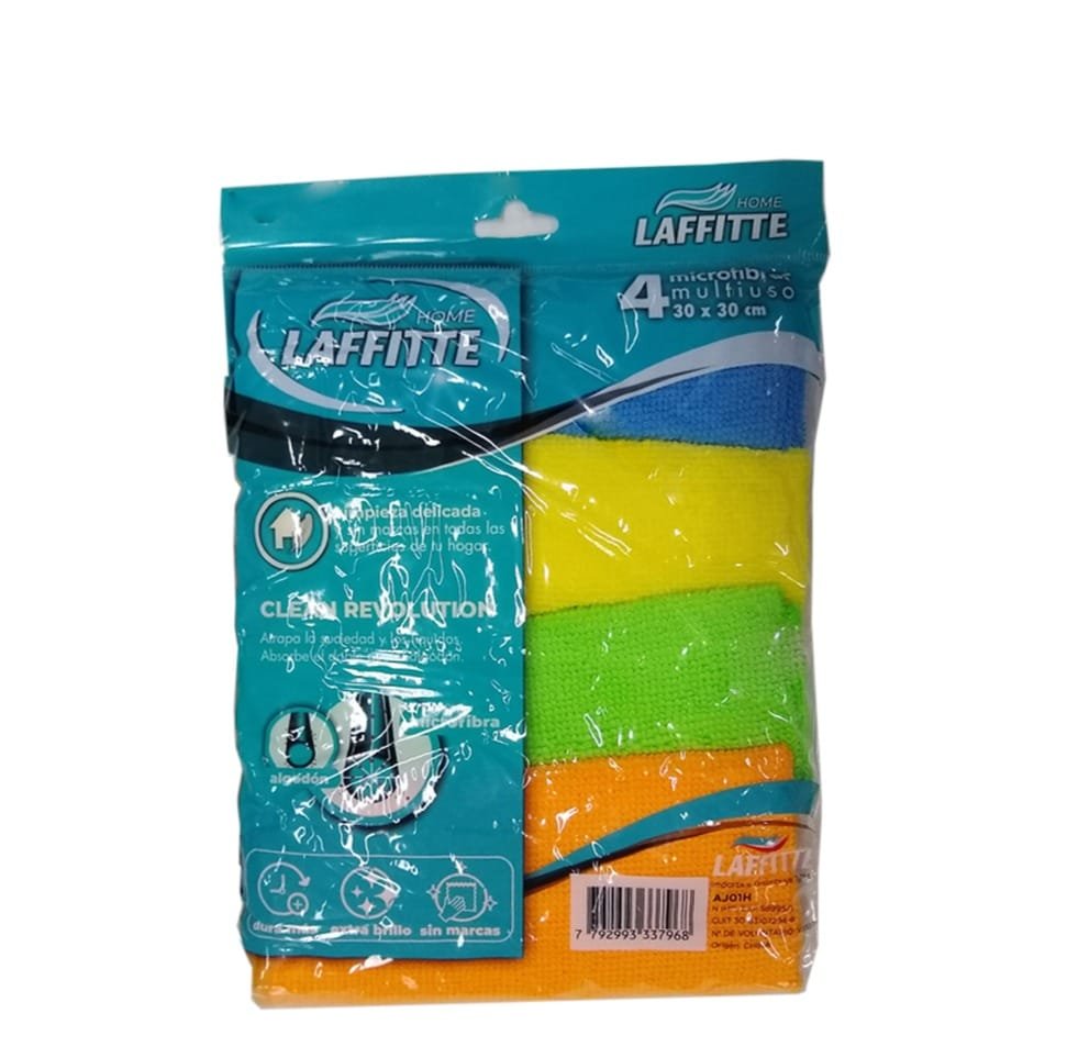 AJ01H - PAÑOS DE MICROFIBRA LAFFITTE HOGAR 30X30 CM PACK X 4 - ENVASE BOLSA PACK - AGOSTO 2019 PAÑO MICROFIBRA PACK X4 30X30CM LAFFITTE - Imagen 1