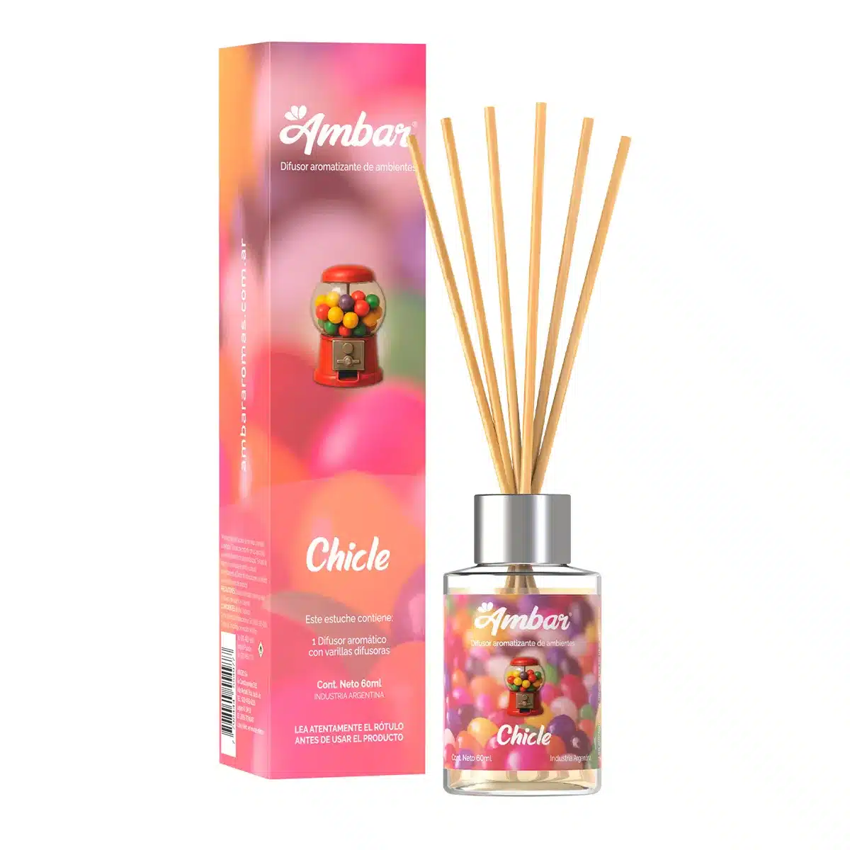 20260714-difusor-mini-chicle-ambar-fb-post MINI DIFUSOR AROMATICO BUBBLEGUM 60ML AMBAR - Imagen 1